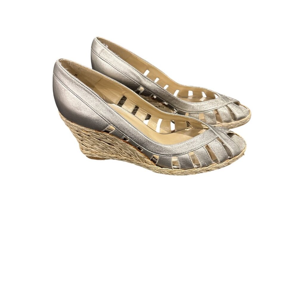Stuart Weitzmn Metallic Silver Peep Toe Wedge Sandals With Woven Espadrille Heel